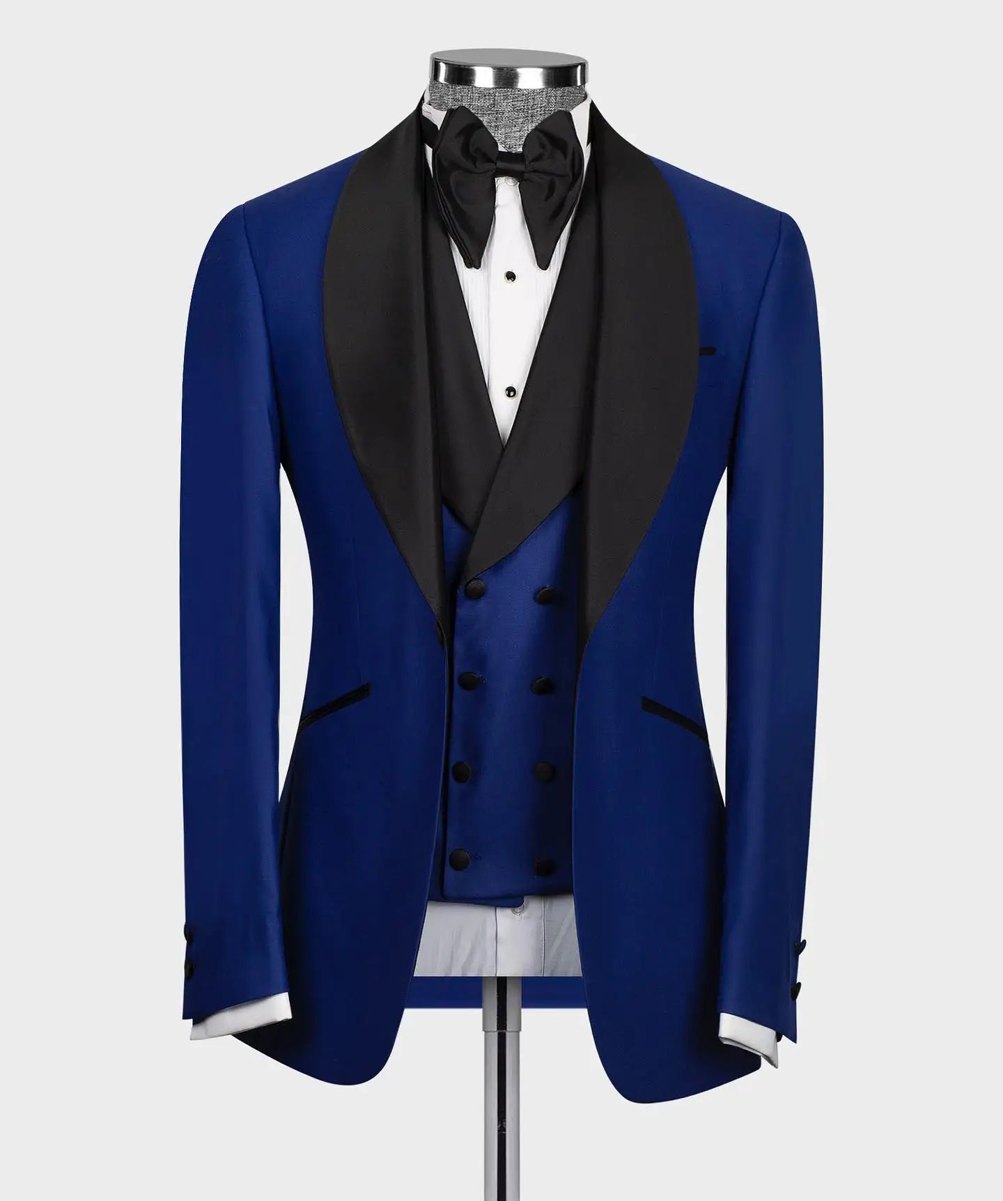 New 3 Pieces Blue Suits Blazer Trousers With Black Shawl Collar 3pcs Jacket Pants Vest Luxury Men's Wedding Clothing Outfit Wear