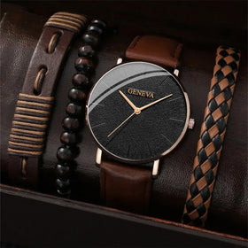 Hot Sale 4Pcs Men's Fashion Watch Set Leather Quartz Watch With Leather Beaded Bracelet Set (WT2270)