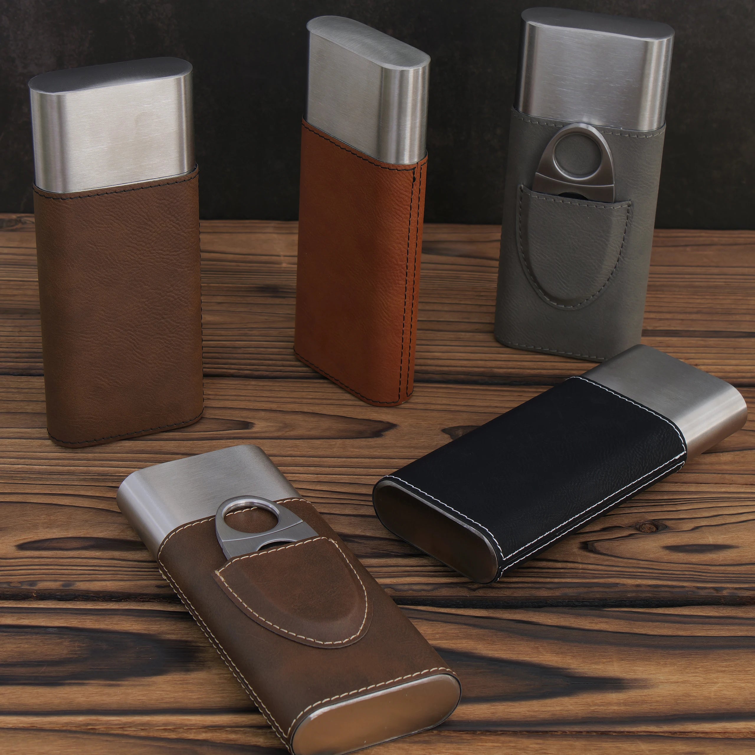 Waterproof Pu Leather Stainless Steel Cigar Holder Custom Logo Blank Laserable Leatherette Travel Cigar Humidor