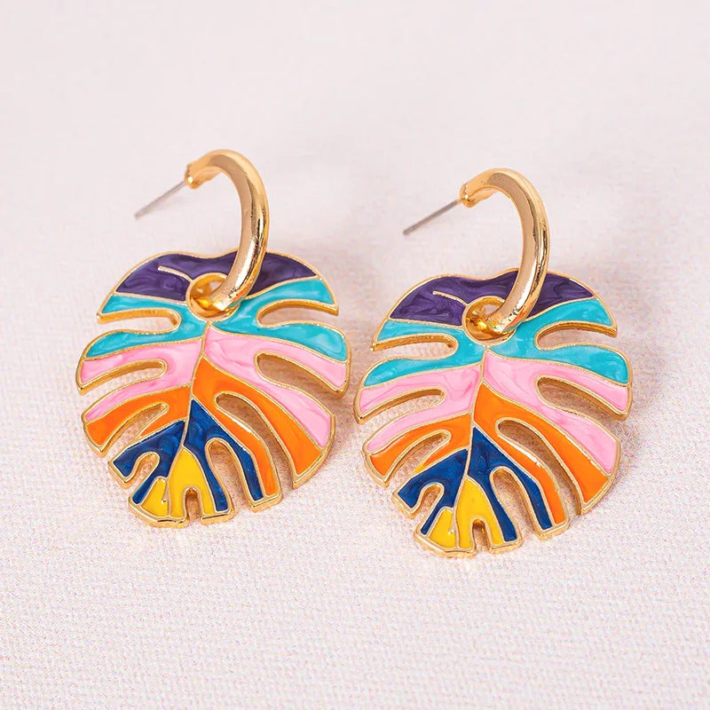 Bohemian Gold Plated Leaves Fish Bone Earrings Women Oil Drop Leaf Stud Earrings Jewelry for Summer