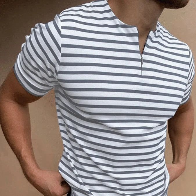 Custom Strips 100 Cotton Fabric Round Neck with Zipper Half Sleeve Polo T-shirt