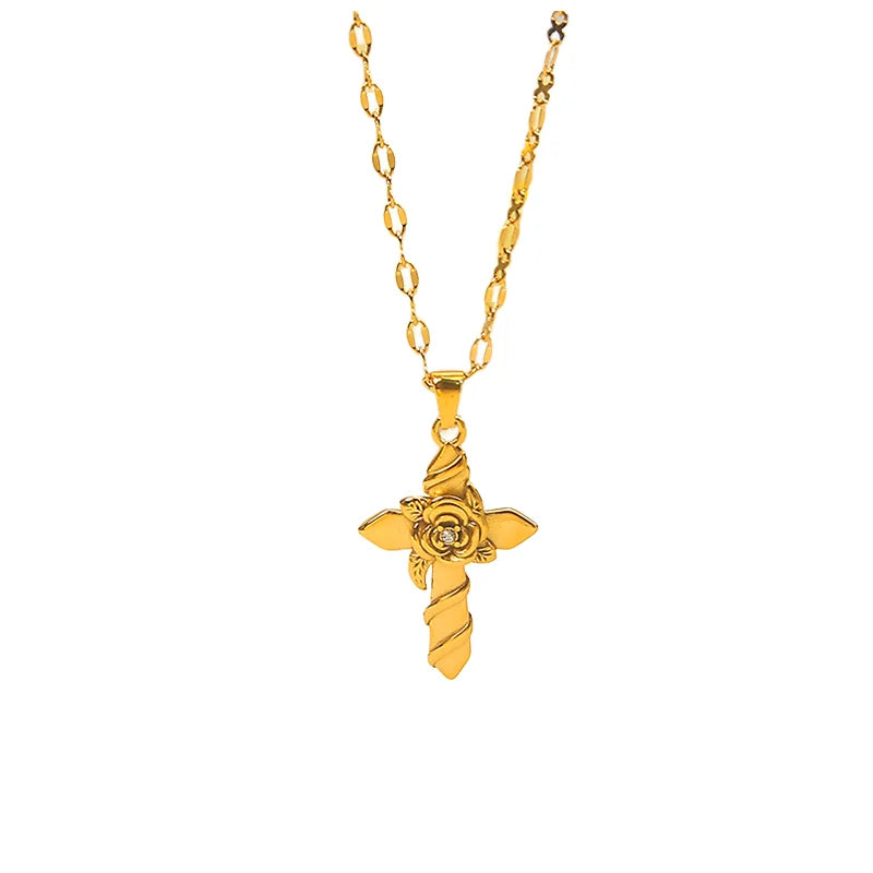 Powell New Arrival 18K PVD Gold Plated Cross Shaped Stainless Steel Link Chain Necklace Waterproof Fashion Chains Necklaces