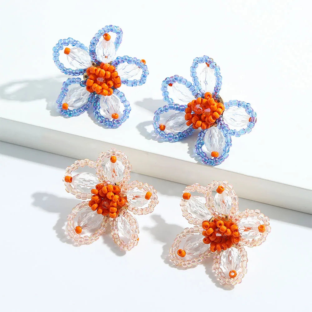 Handmade Korean Fashion Trendy Colorful Glass Seed Beads Beaded Flower Shape Charm Stud Earring Women Earrings Jewelry