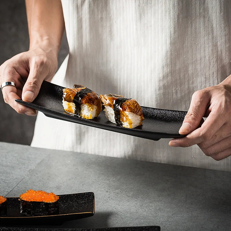 Eco-Friendly Pottery Ceramic Rectangle Dinner Plate and Black Tray Japan-inspired Matte and Frosted Sushi Tableware Set