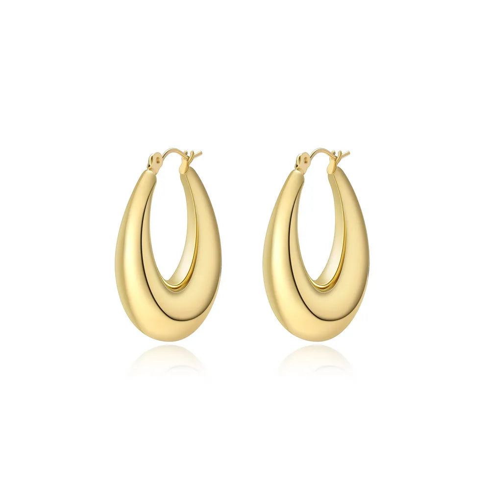 18K Gold Plated Stainless Steel Hoop Earrings Classic Style Lightweight Oval Thick Hoop Chunky Chubby Huggies Daily Jewelry