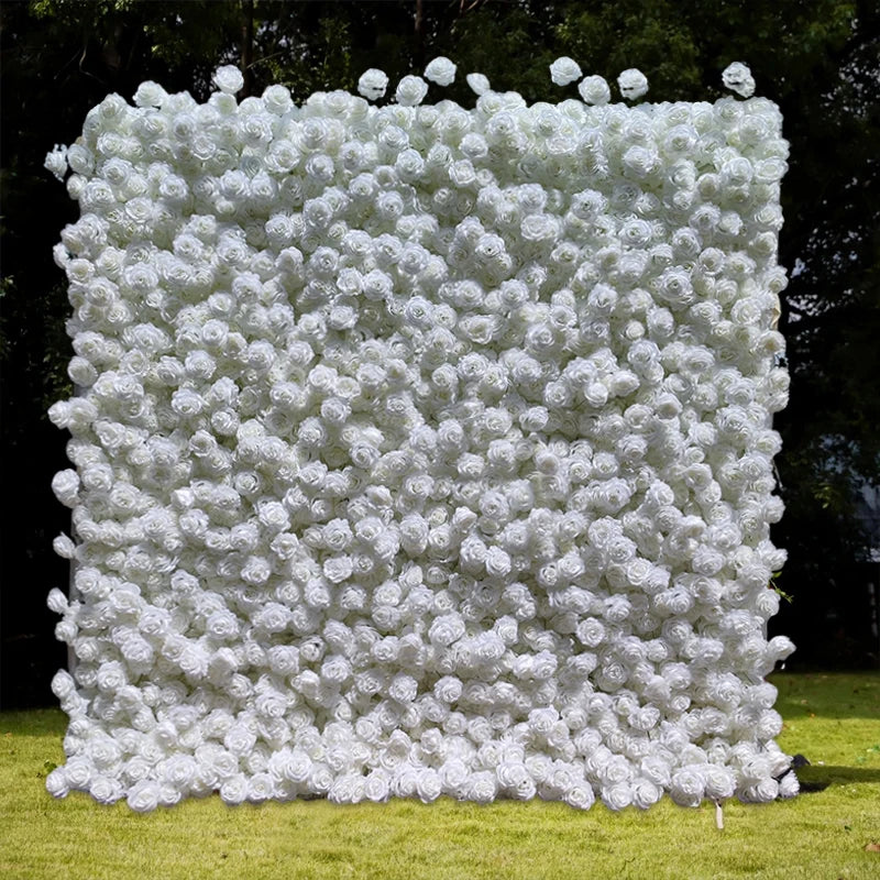 Custom 3D Fabric Flower Wall Wedding Faux White Silk Rose Flower Wall Panel Background Artificial Plants Furniture Decoration