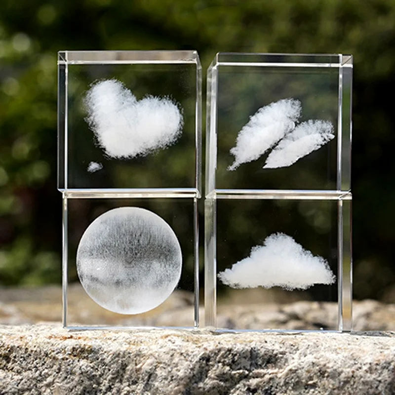 Customized K9 Glass Cloud Paperweight Cube Crystal Heart Moon Rain 3D Laser Engraving Souvenirs Crafts Ornaments CLB-C66