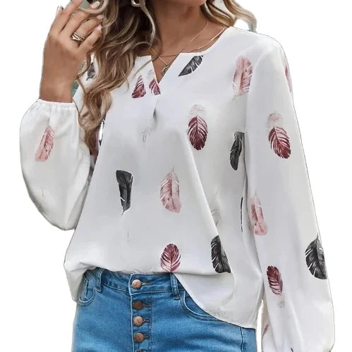 2024 New European and American Women's V-neck Feather Printed Long Sleeved Loose T-Shirt Top