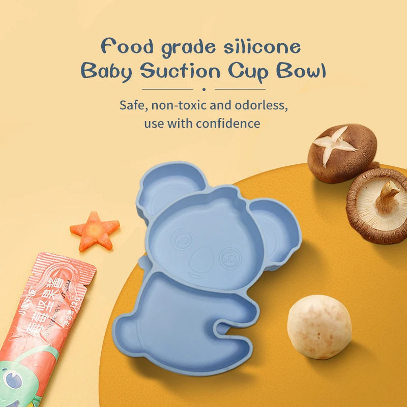 Cute Food Grade Silicone Baby Plate with Divided Suction Design for Baby Easy Eating