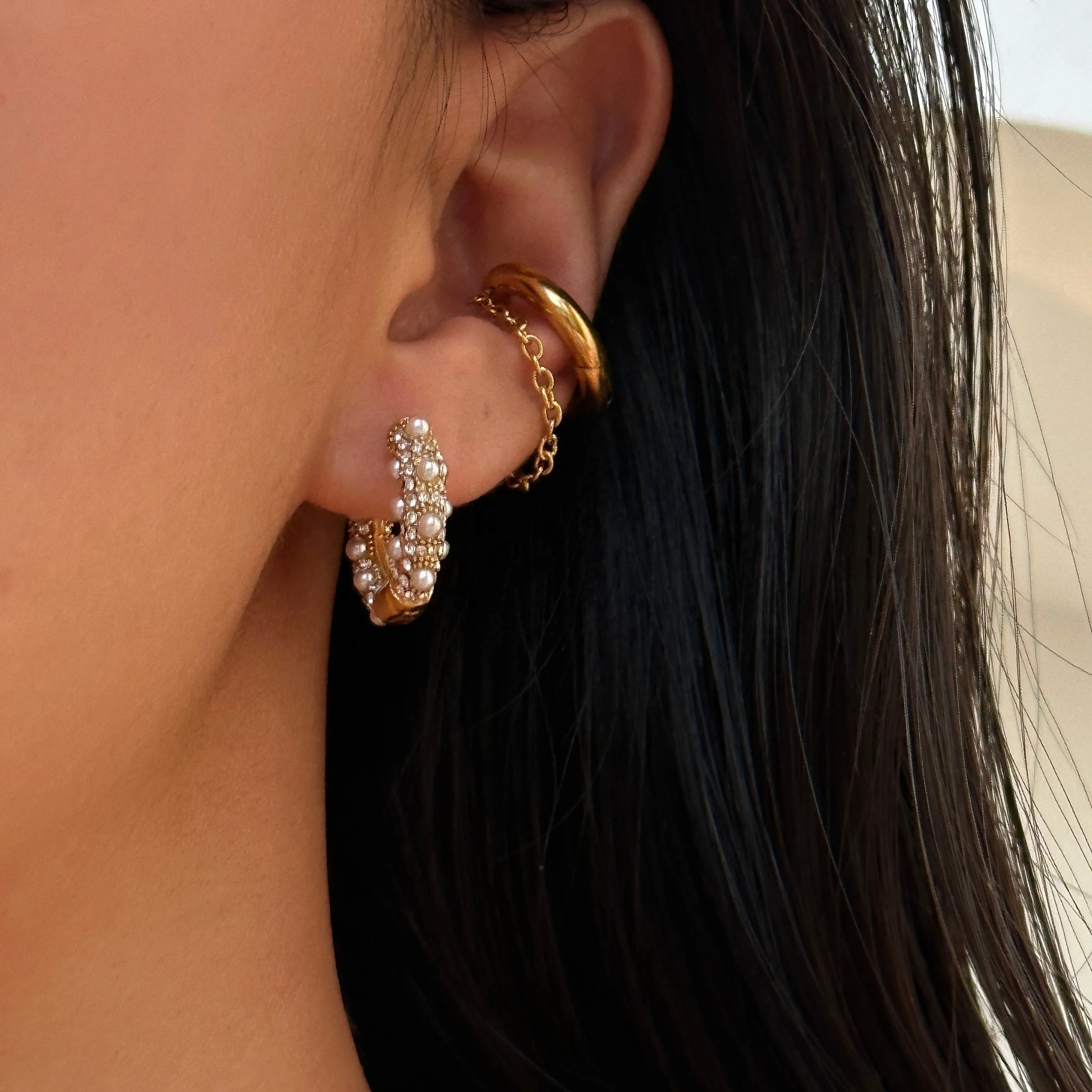 Dazan 18k Gold Plated Hypoallergenic Stainless Steel Rococo Vintage Palace Design C Hoop Star Zircon Natural Pearl Earrings