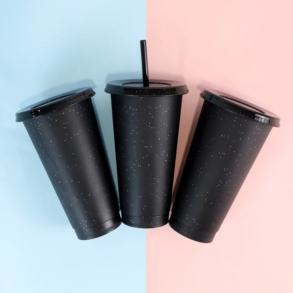 Drinkware Color Purple pink Cold Cheap Glitter Wholesale Plastic Cups Matte Black Tumbler with Straw and Straw