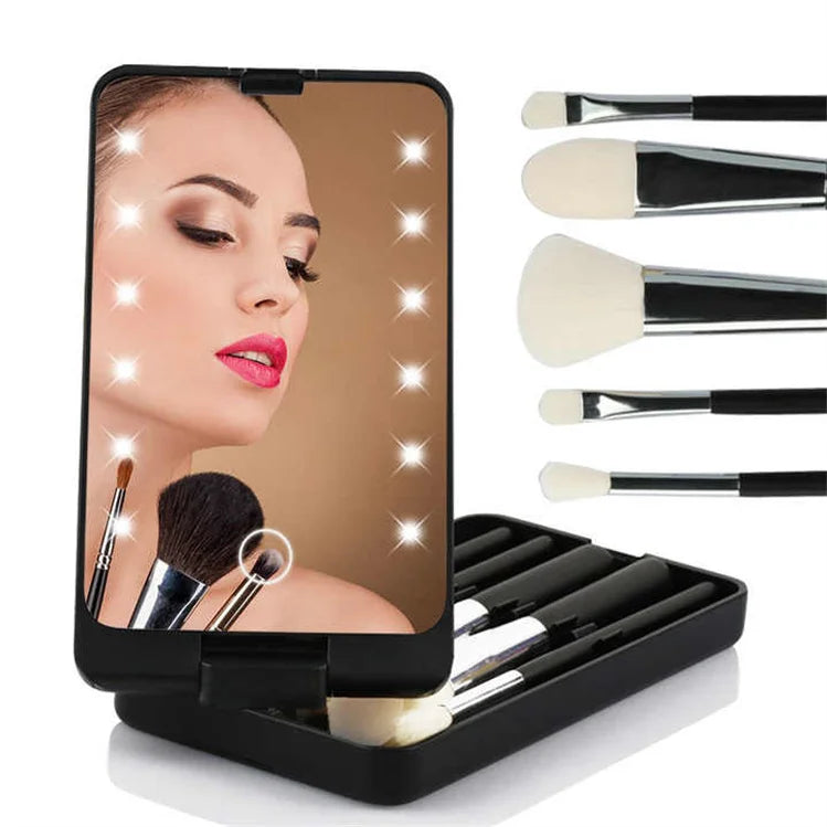 New Arrival Lighted Travel Square Led Makeup Mirror 360 Degree Rotating Dual Sided with 5pcs Brushes Organizer Box