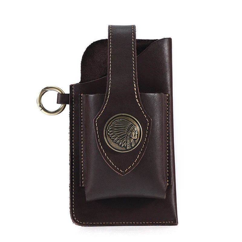 Wholesale Custom Genuine Leather Waist Bag for Men Vintage Crazy Horse Pattern Fanny Pack Belt Pouch Geometric Style