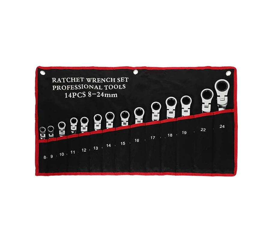 14pcs 8-24mm Flex Head Ratchet Wrench Set Gear Ring Ratcheting Combination Kit Metric DIY OEM CR-V Material