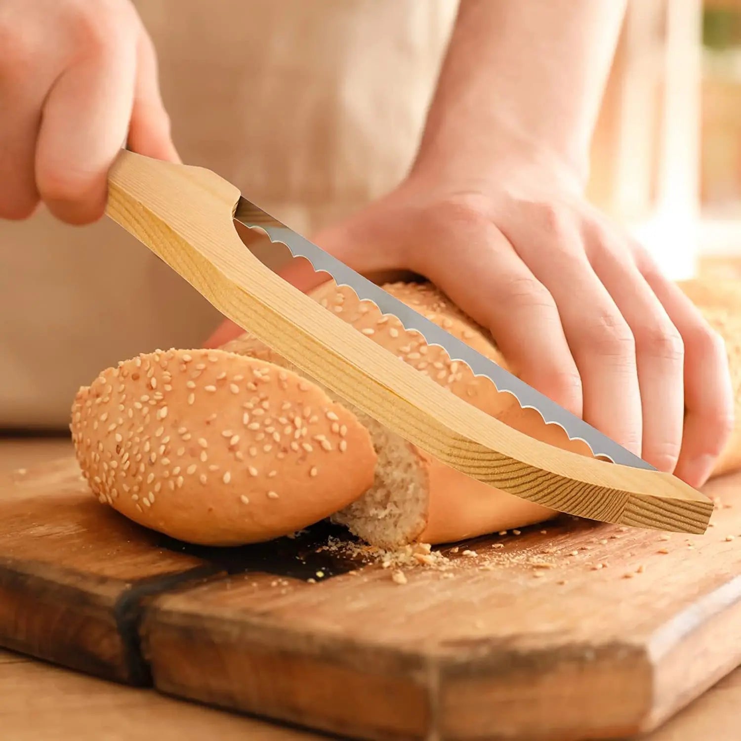 Customized Wooden Bread Slicer OEM ODM Pie Knife Serrated Bread Knife Easy Baking Solid Wood Bread Cutting Saw Kitchen Tools