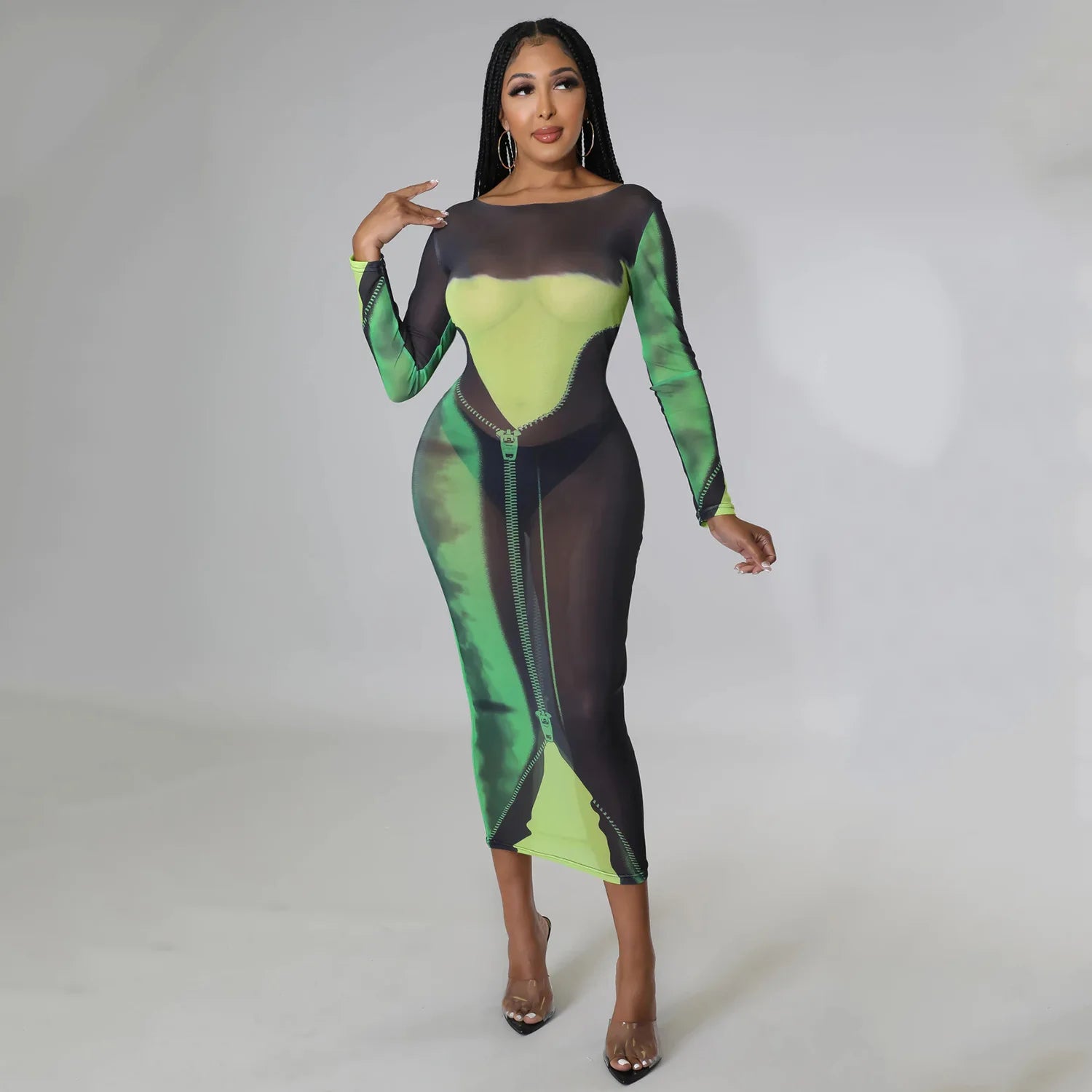Custom High Quality Fashionable Causal Bodycon Midi Long Sleeve Women Mesh Dress