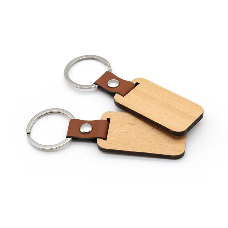 DIY Blank Wooden Rectangular Key Chain Handmade Wood Keychain With Leather