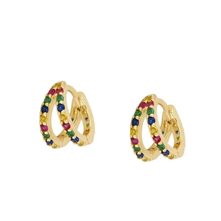 S925 Sterling Silver Girls Wedding Multicolor Rainbow CZ Stone Double Hoops Cubic Zircon Crystal Pave Duo Huggie Hoops