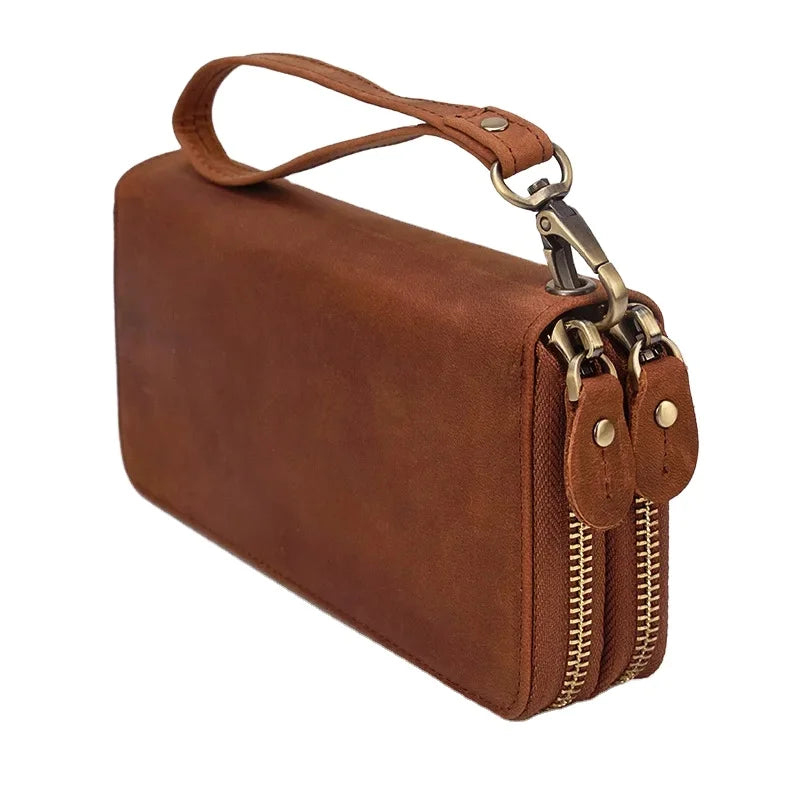 Men Crazy Horse Leather Long Wallet Double Zip Wallet Cowhide Clutch Bag Retro Phone Wallet