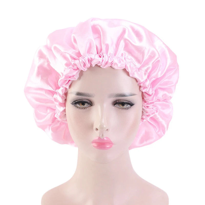 Wholesale Reusable Solid Shower Bather Cap Adjustable Elastic Band Strap Bathing Waterproof PE Satin Lined Shower Caps for Women
