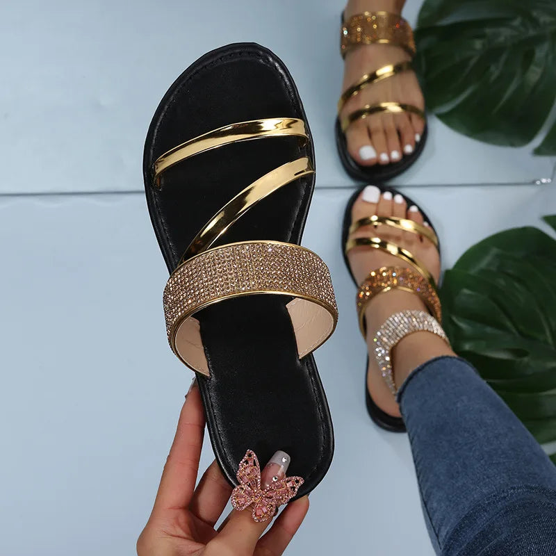 Fashion Summer Design One-word Slippers Women Beach Outdoor Breathable Rhinestone Casual Slippers