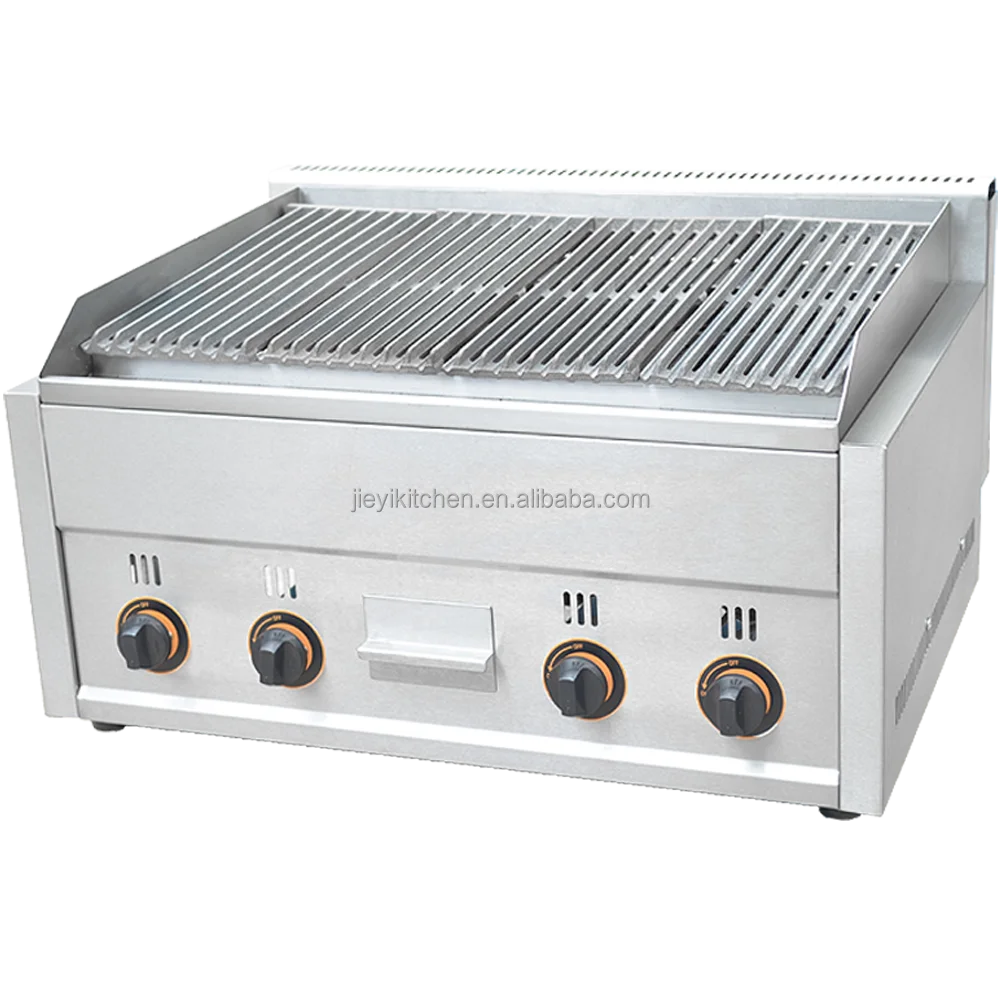 Hot Sale Stainless Steel LPG Gas Kebab Machine Countertop Lava Rock Stone Grill with 2 Wheels for Commercial Use