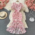 Summer French Retro Gentle Ruffled V-neck Fishtail Bag Hip Chiffon Floral Dress Fashion Dress Skirt