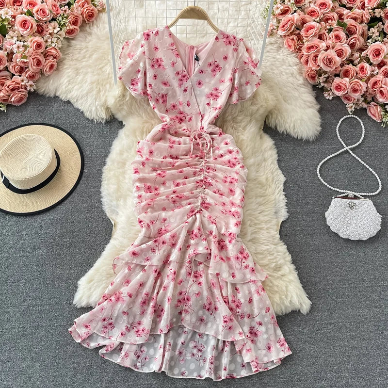 Summer French Retro Gentle Ruffled V-neck Fishtail Bag Hip Chiffon Floral Dress Fashion Dress Skirt