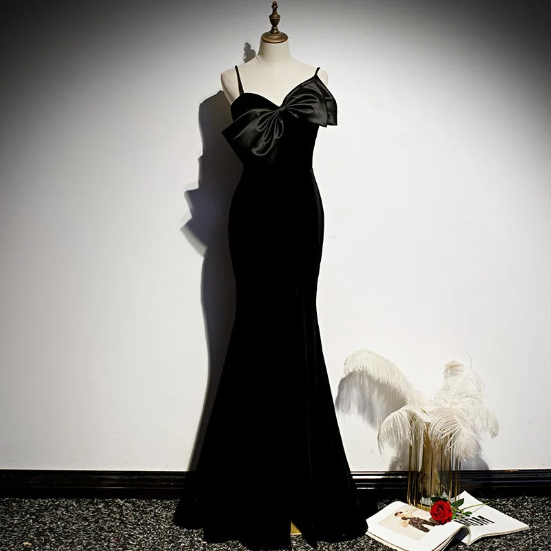 Vestidos De Festa Suspenders Fishtail Long Black Velvet Custom Prom Dresses Party Maxi Sequin Evening Dress