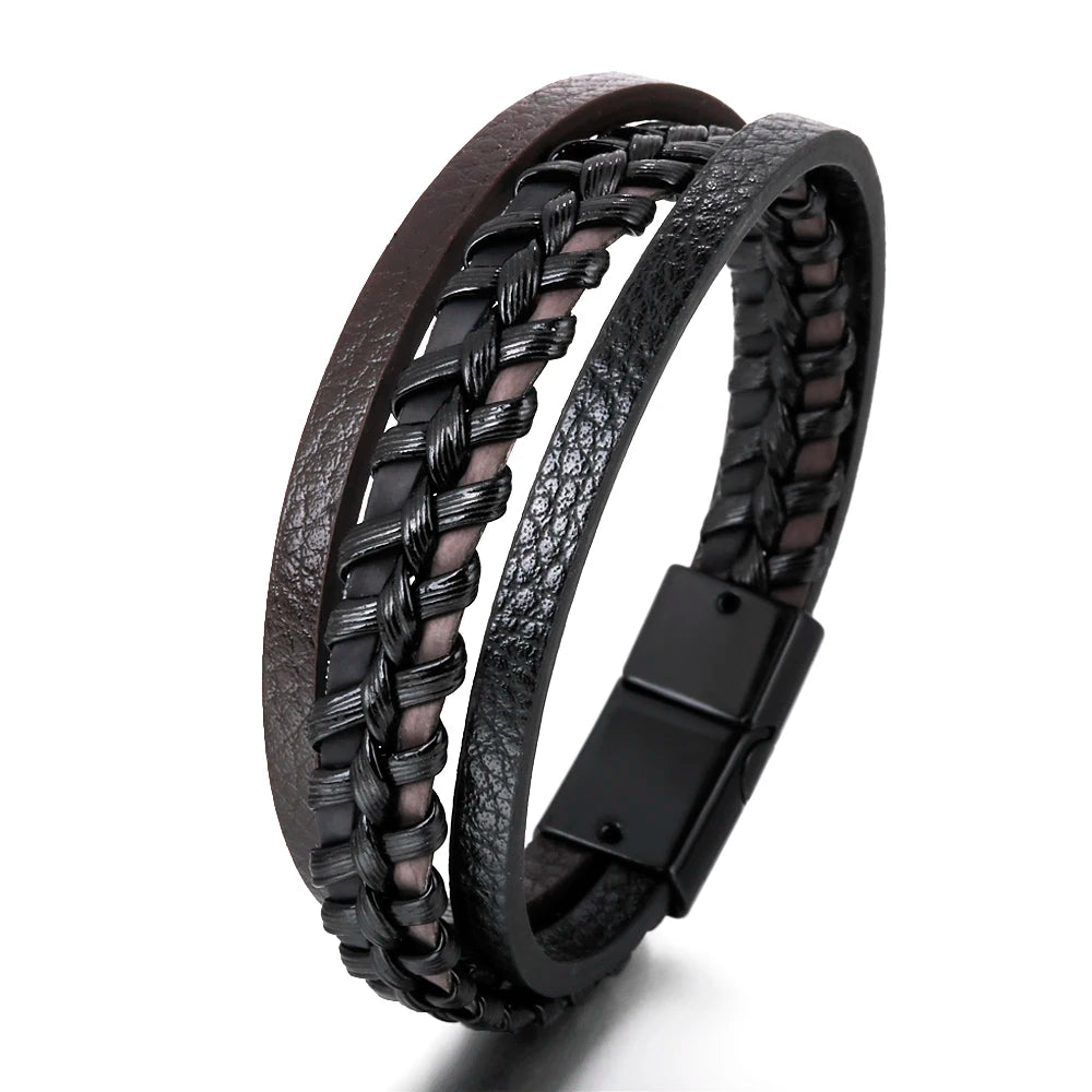 Low Priced European New Arrival Mens Leather Bracelet With Magnetic Clasp Multi-layer Braided Leather Bracelet For Men