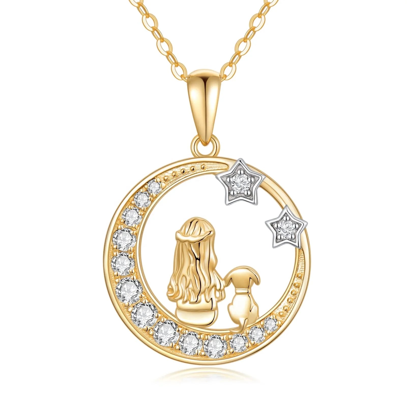 GN39 Cute Animal Dog Necklace Pendant S925 Sterling Silver Crystal Moon Star Jewelry for Women Girls Birthday Gifts Accessories
