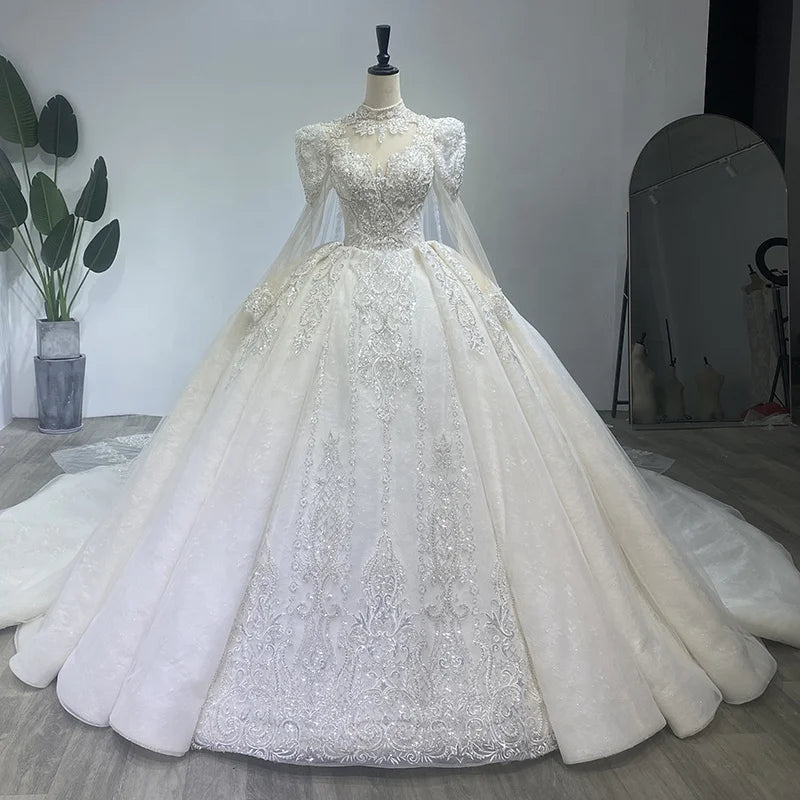 Jancember WM03 Princess Muslim High Neck Puffy Bridal Ball Gown Wedding Dresses With Shawl