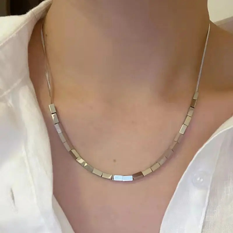 Ins 18K Gold Stainless Steel PVD Plating Snake Chain Square Beads Pendant Clavicle Necklace