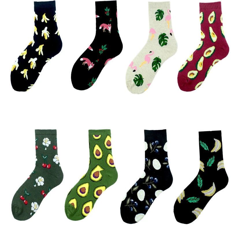 New Fashion Fruit Avocado Lemon Pineapple Animals Fox Plant Leaf Crew Cotton Funny Cute Women Socks
