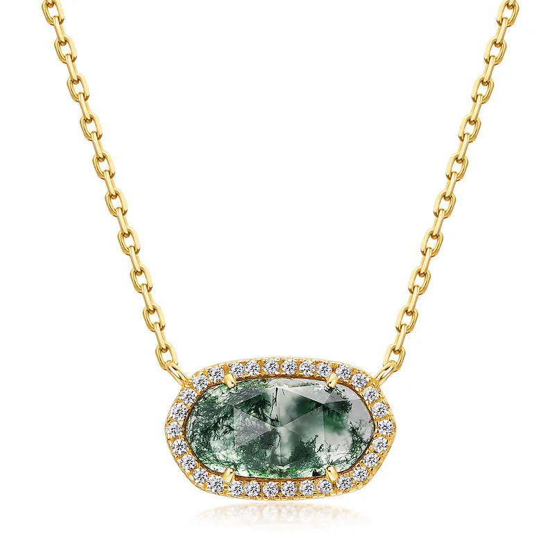 Elegant Green Moss Agate Leaf Necklace 5A CZ 14K Gold Chain Perfect Women Gift