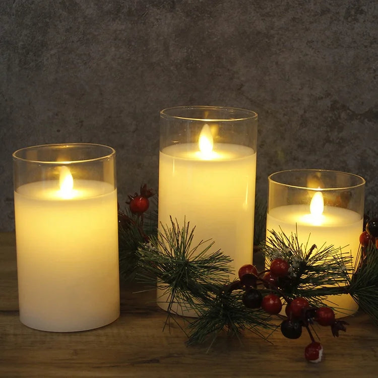 Home Decorative Set of 3 White Smooth Pillar Glass Battery Operated Moving Wick Wedding Flameless Candle