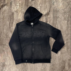 In Stock Black Hoodies Suppliers Cotton Hodiee Sun Faded Screen Printed Zip up Distressed Stone Acid Wash Jacket Hoodies for Men