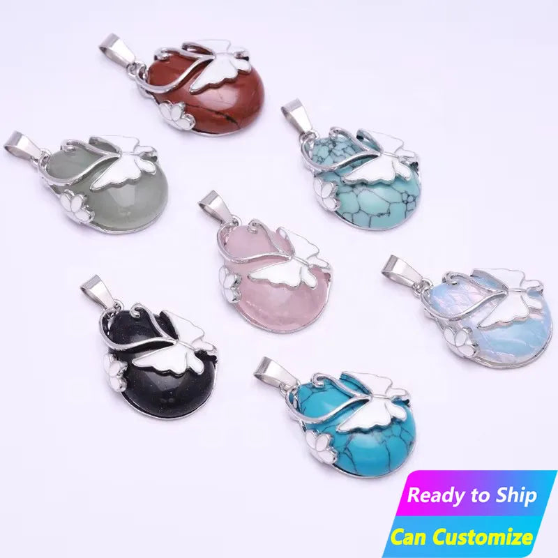 Natural Carved Gemstone Healing Stone Mix Necklace for Women With Custom Wholesale Bulk Butterfly Drop Shape Crystal Pendant