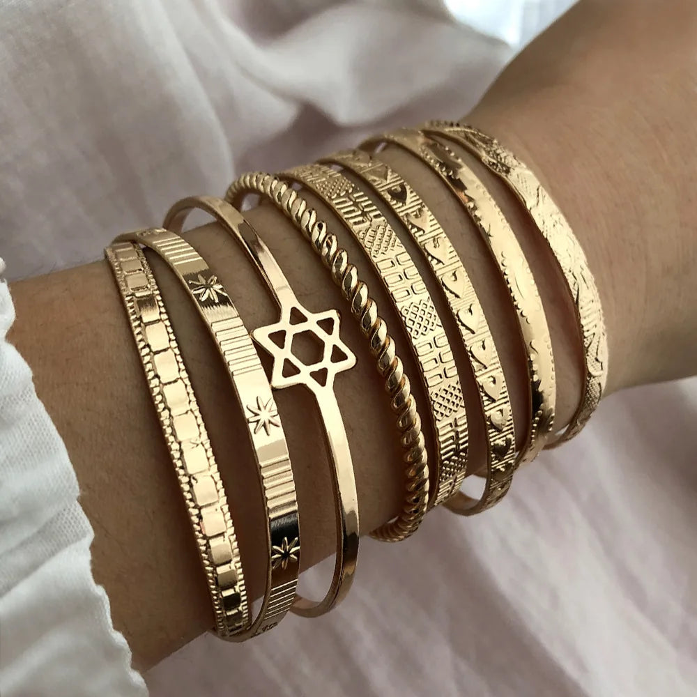 Vintage Gold Plated Bohemian Fashion Titanium Steel Statement Retro Metal Bangle Bracelets Set for Women