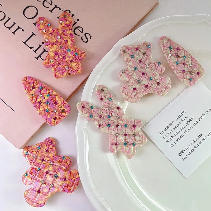 New Design Korean Acetate Hair Clip Rabbit Bear Bangs Hair Clip Cute Girl Colorful Rhinestone Hair Clips