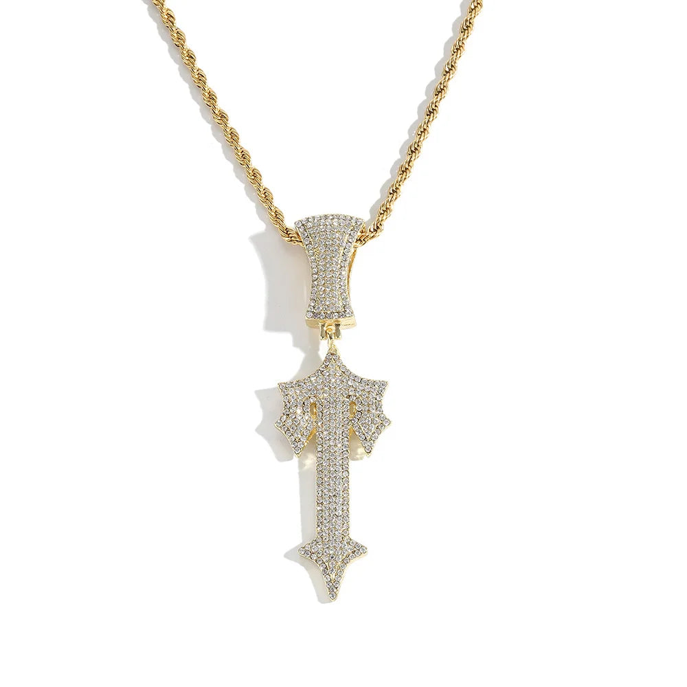 Wholesale Jewelry Silver Gold Plated Bling Cuban Chain clear Diamond Cross Pendant Necklace for Men 2023
