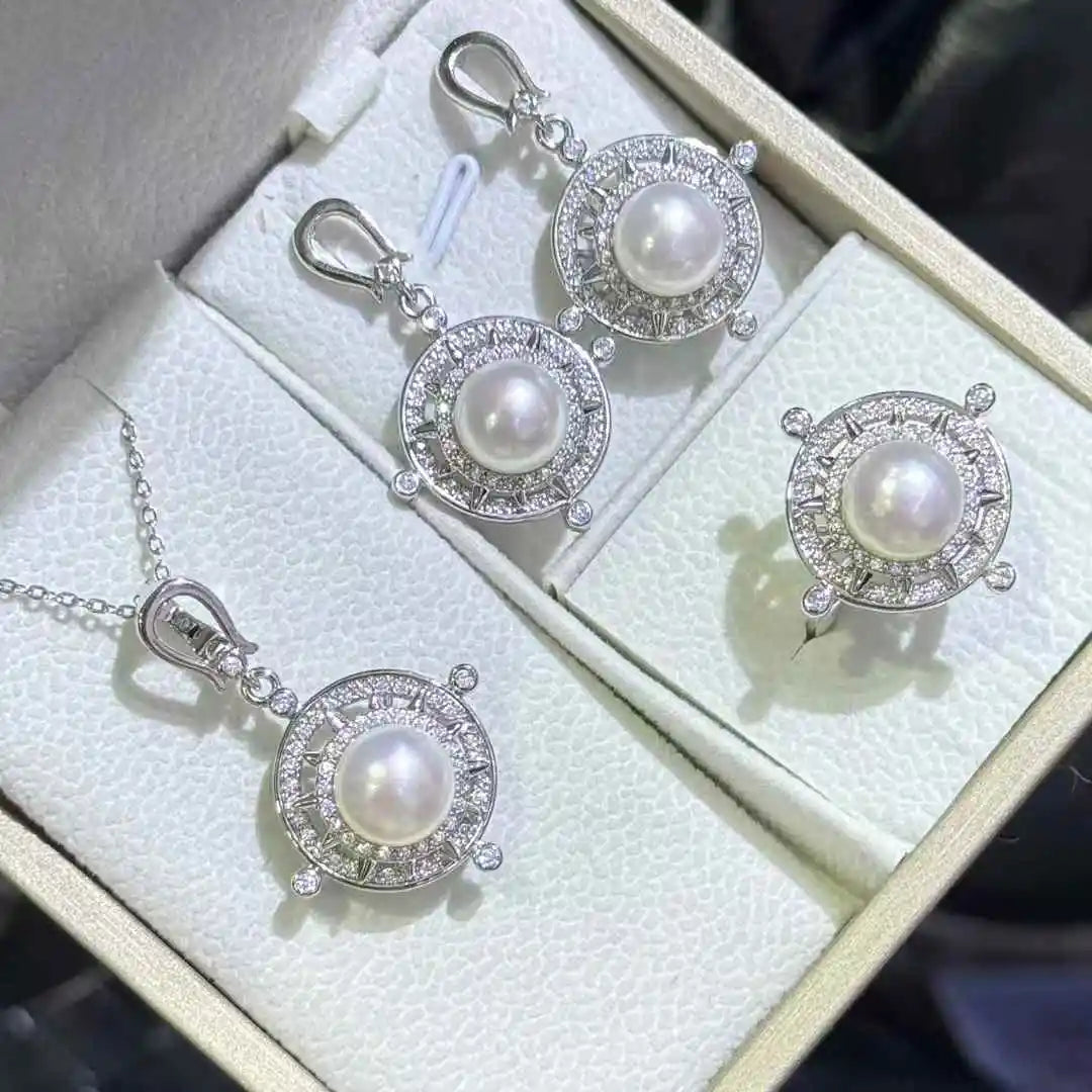 Time Run Set 9-10mm AAAA Grade Platinum Plated Freshwater White Bread Pearl Necklace Ring Earring Set Trendy Women's Jewelry