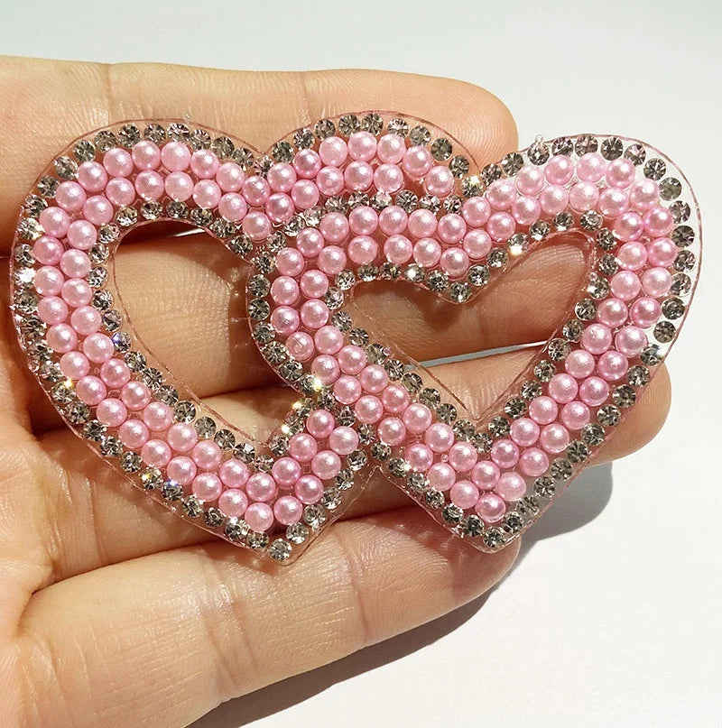 Hot Sale 5 Colors Double Hearts Shape Iron on Heat Seal Backing Rhinestone Pearl Applique  Patches  DIY Bag /shoes Accessories