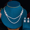 Trendy Silver Plated Baguette Cut Cubic Zircon Double Layer Necklace and Drop Earrings Women Costume Jewelry Set for Party Prom