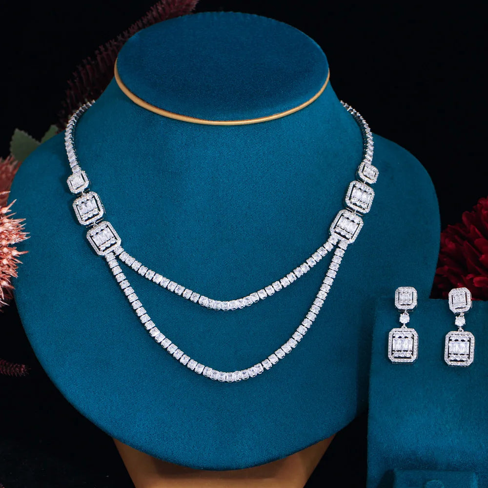Trendy Silver Plated Baguette Cut Cubic Zircon Double Layer Necklace and Drop Earrings Women Costume Jewelry Set for Party Prom