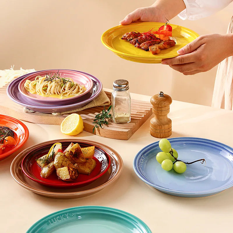 Nordic Colored Ceramic Dinner Plate Cold Dishes Breakfast Steak Dessert Salad Pizza Serving Tray Platter Restaurant Dinnerware
