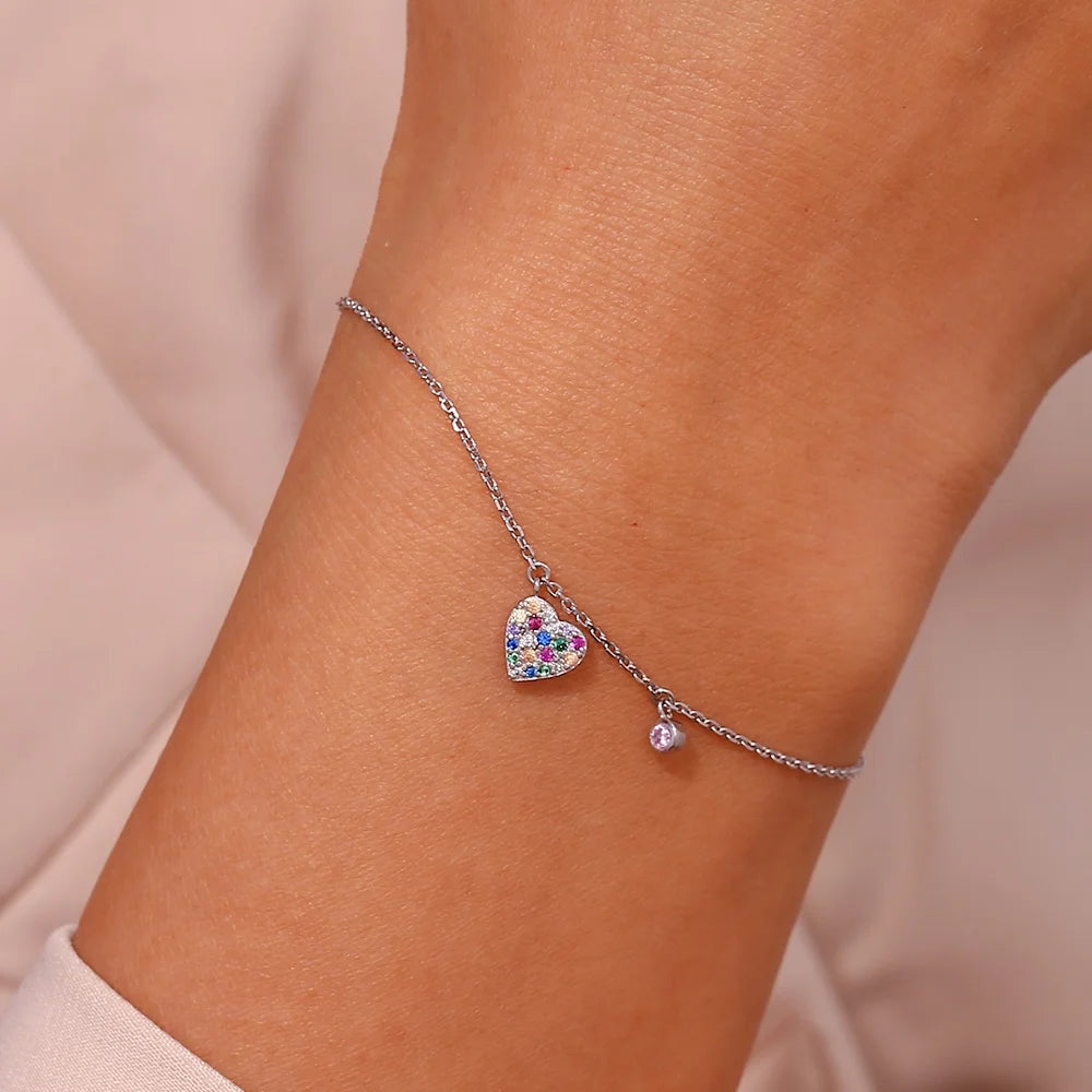 Dreamshow Colorful Crystal Rhinestone Heart Bracelet Rhodium Plated 925 Sterling Silver Charm Bracelet Couple Jewelry