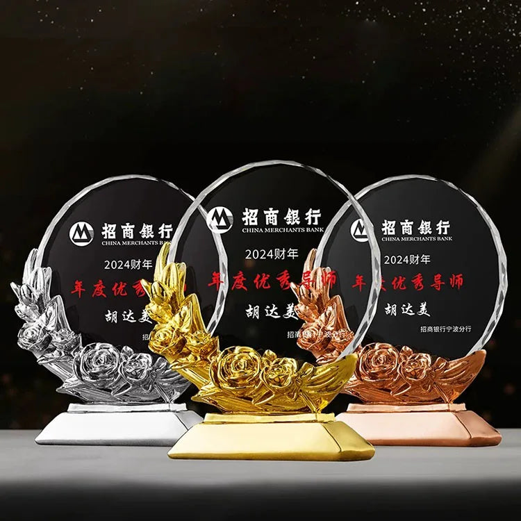 Gold Silver Bronze Resin Roses Event Crystal Trophy Award MH-NJ0262