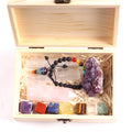 Natural Crystal Polished Tumbled Stones 7 Chakra Healing Set Folk Art Design Wooden Box Meditation Gift Kit