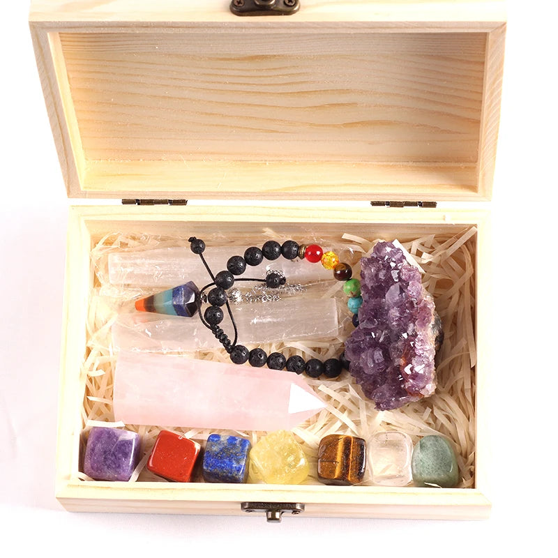 Natural Crystal Polished Tumbled Stones 7 Chakra Healing Set Folk Art Design Wooden Box Meditation Gift Kit